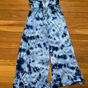 Blue Tie-Dye Wide-Leg Flowy Pants